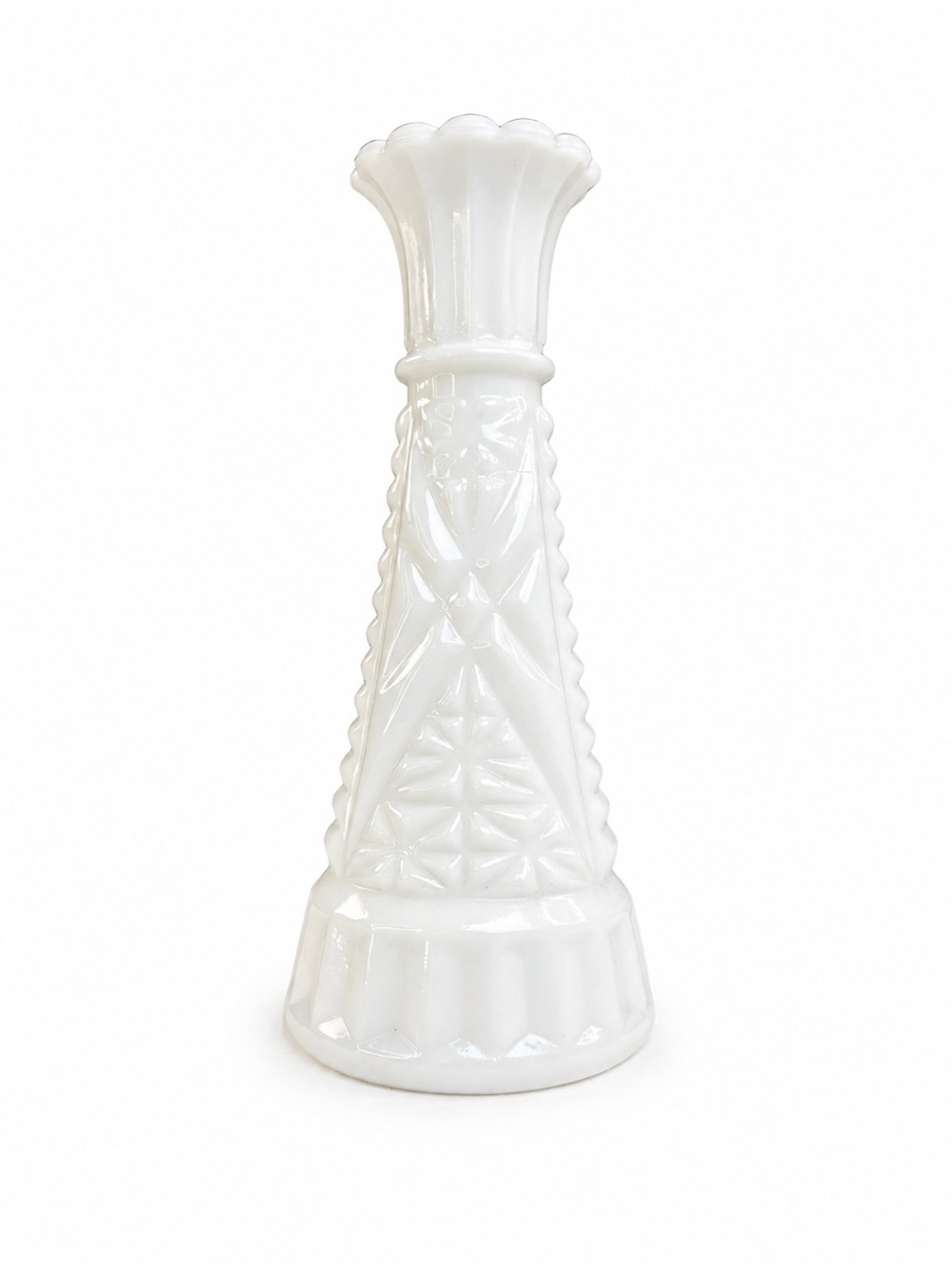 Vintage Anchor Hocking Stars and Bars White Milk Glass Bud Vase Pressed Star 6"